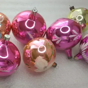 Set of 7 Vintage Soviet Silver Glass Christmas Tree Ornaments Ball Painted Retro Decor