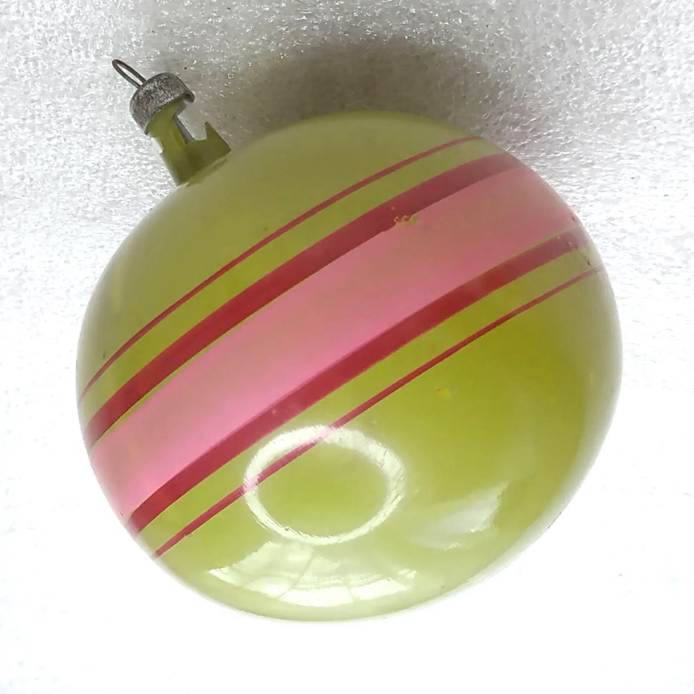 Vintage Soviet Glass Christmas Tree Ornament Green Pink Striped Ball Retro Decor