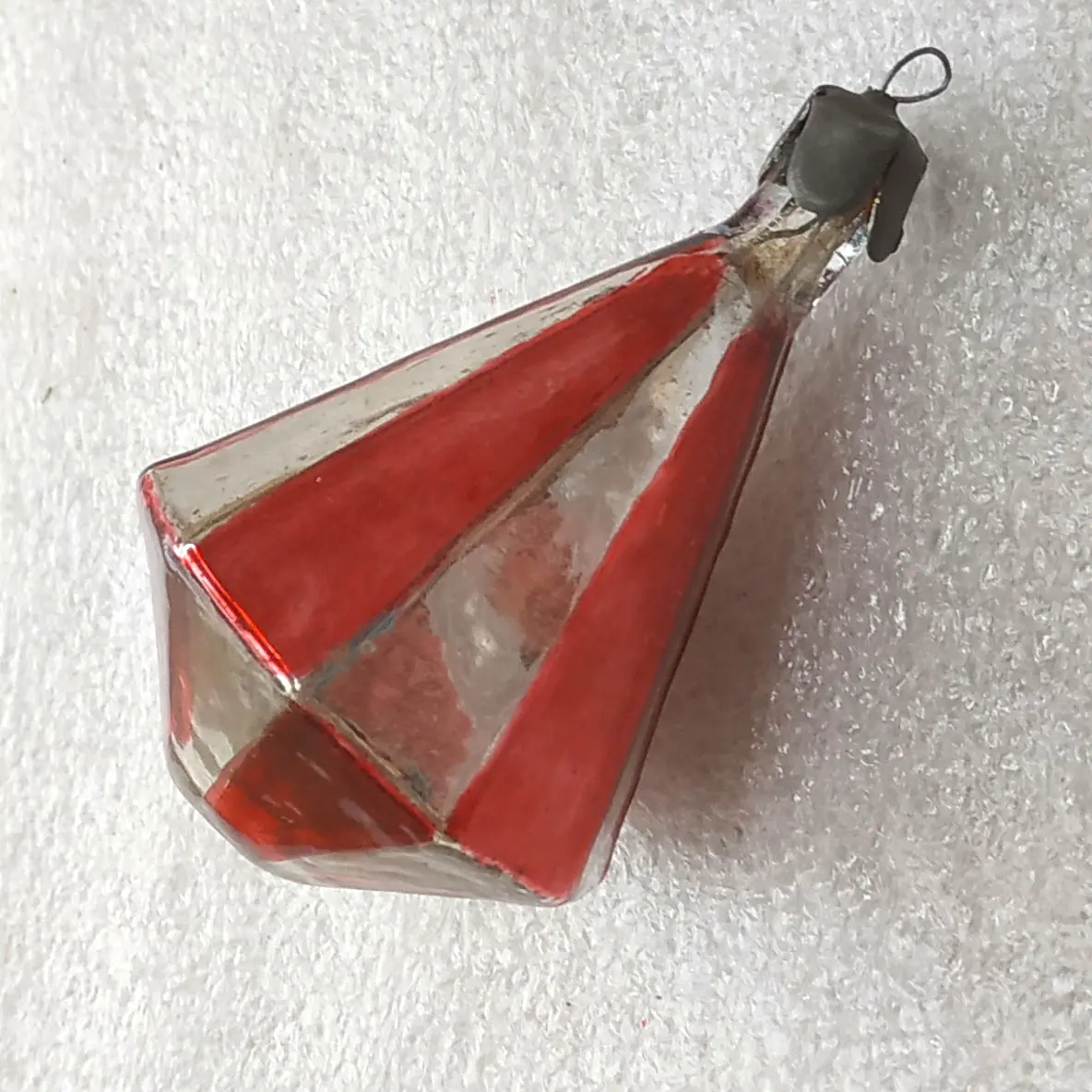 Vintage Soviet Glass Christmas Tree Ornament Faceted Polygon Red Silver Retro