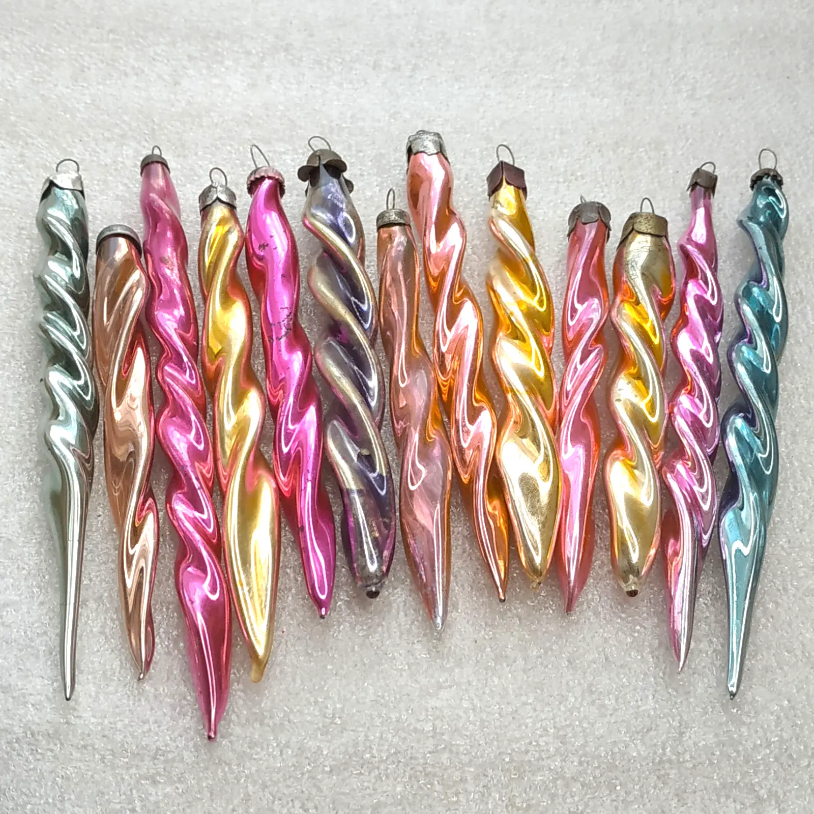 Set of 13 Vintage Soviet Glass Christmas Tree Ornaments Icicles Spiral Retro Decor