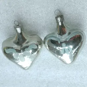 Vintage Soviet Glass Christmas Tree Ornaments Hearts Set of 2 Silver Retro Decor