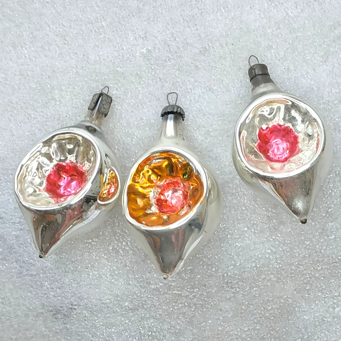 Set of 3 Vintage Soviet Silver Glass Christmas Tree Ornaments Reflector Retro Lanterns