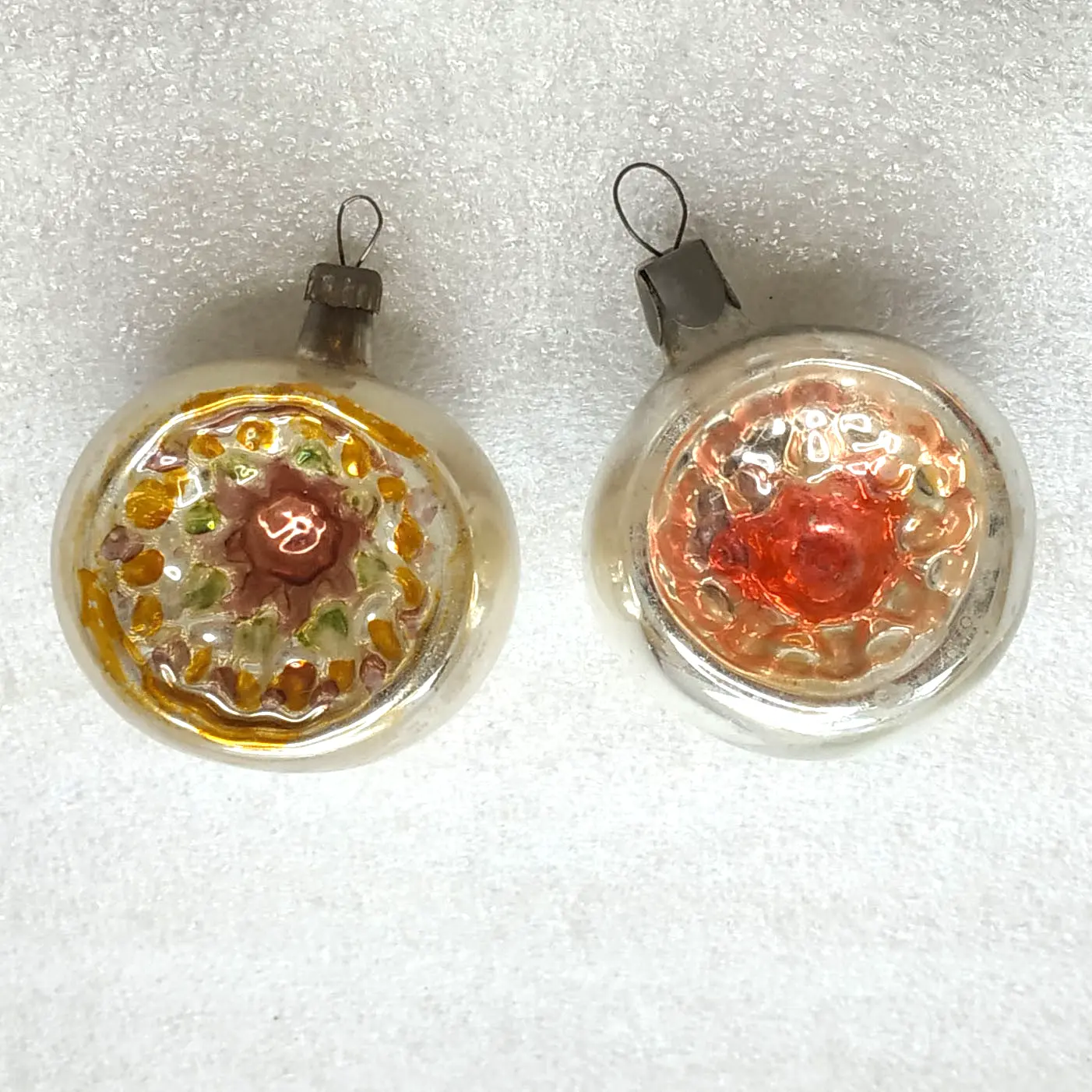 Set of 2 Vintage Soviet Silver Glass Christmas Tree Ornaments Reflector Retro Lanterns