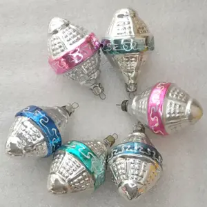 Set of 6 Vintage Silver Glass Christmas Ornaments Lanterns Assorted Colors