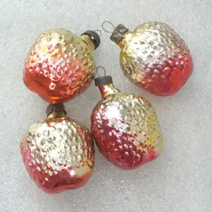 Set of 4 Vintage Silver USSR Glass Christmas Ornaments Strawberries Red Gold