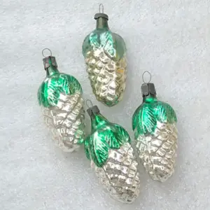 Set of 4 Vintage Glass Christmas Ornaments Pine Cones Decor Green Silver