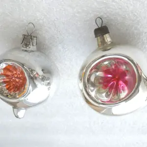 Set of 2 Vintage Silver Glass Christmas Ornaments Reflector Balls Set Retro USSR Decor