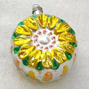 Vintage Glass Christmas Ornament Floral Sunflower Custom Hand Painted Retro
