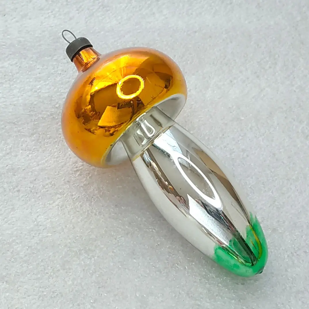 Vintage Glass Christmas Ornament Mushroom Figural Custom Hand Painted Retro Deco