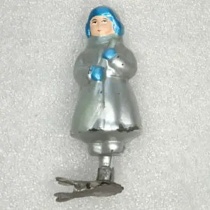 Vintage Glass Christmas Ornament Boy with Shovel Figurine Clip-On Retro