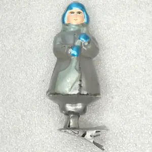 Vintage Glass Christmas Ornament Boy with Shovel Figurine Clip-On Retro