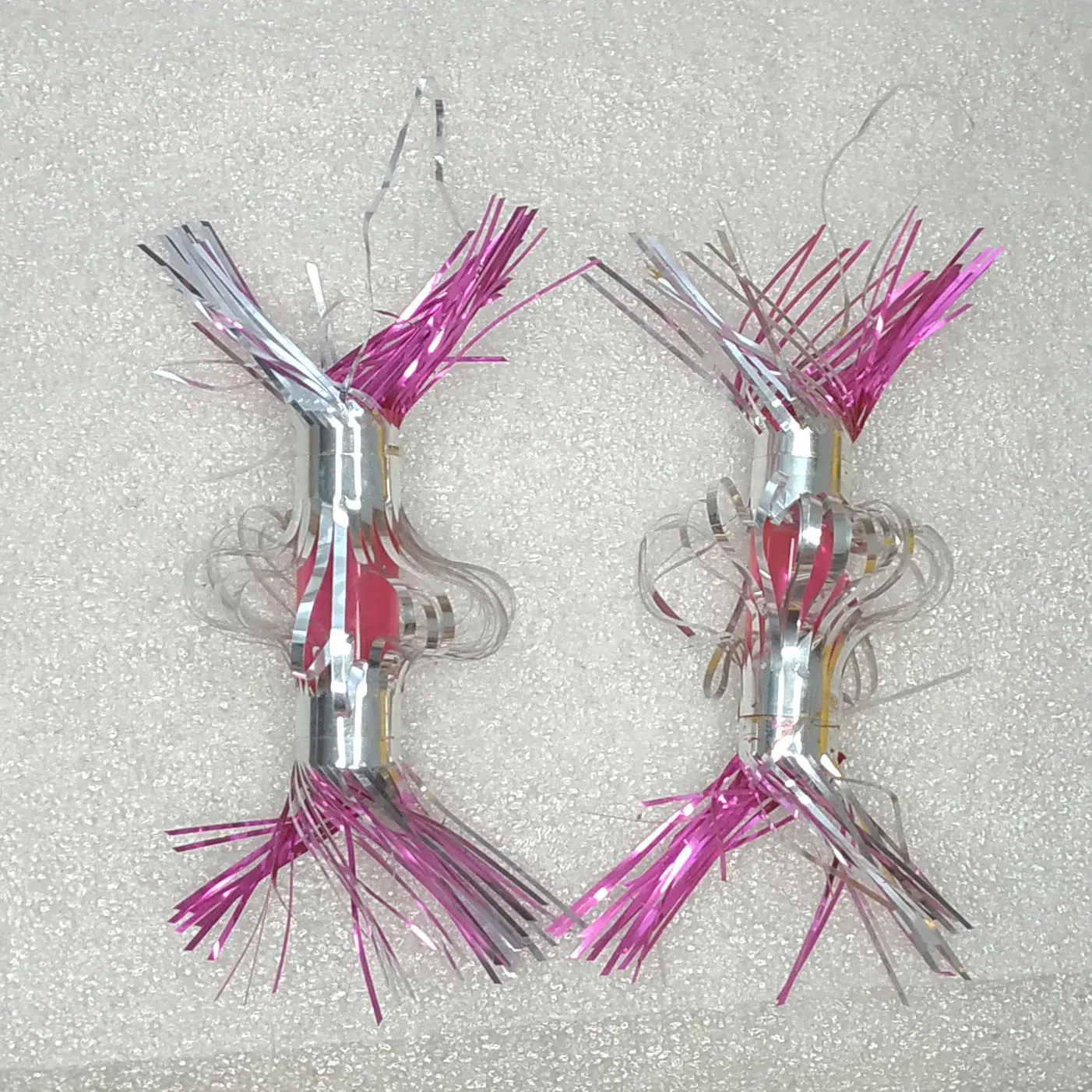 Set of 2 Vintage Glass Tube Tinsel Christmas Ornaments Pink Silver Retro Decor