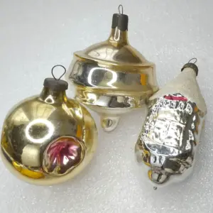 Set of 3 Antique Vintage Silver Glass USSR Christmas Ornaments