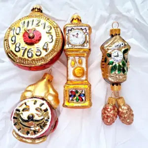 Set of 4 Ukrainian Glass Christmas Ornaments Tree Set Clocks