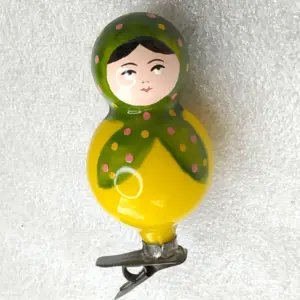 Vintage Soviet Glass Christmas Tree Ornament Matryoshka Doll on Clip Retro