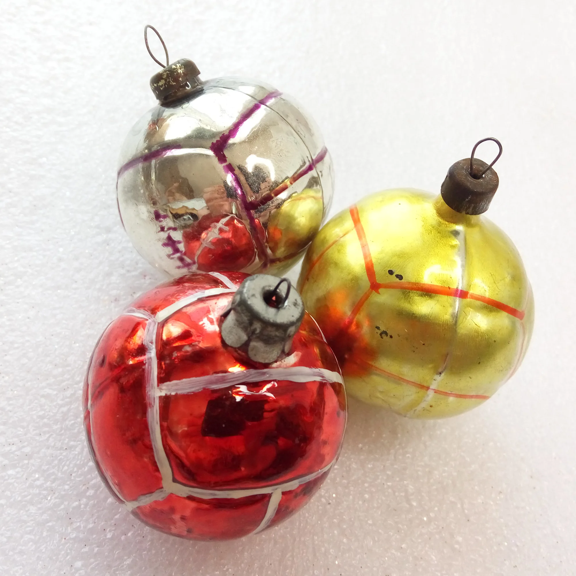 Set of 3 Vintage Ukrainian Glass Christmas Ornament Old Balls