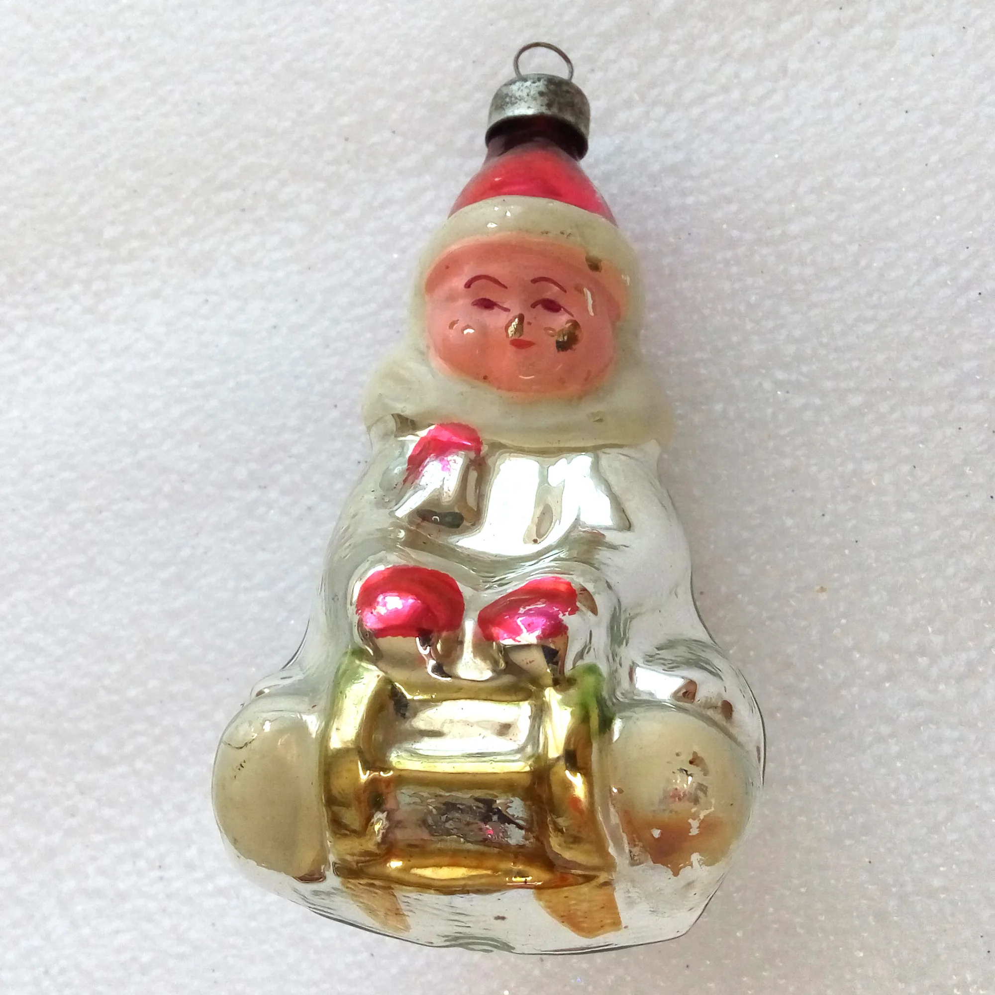 Vintage Ukrainian Glass Christmas Ornament Kid Sled