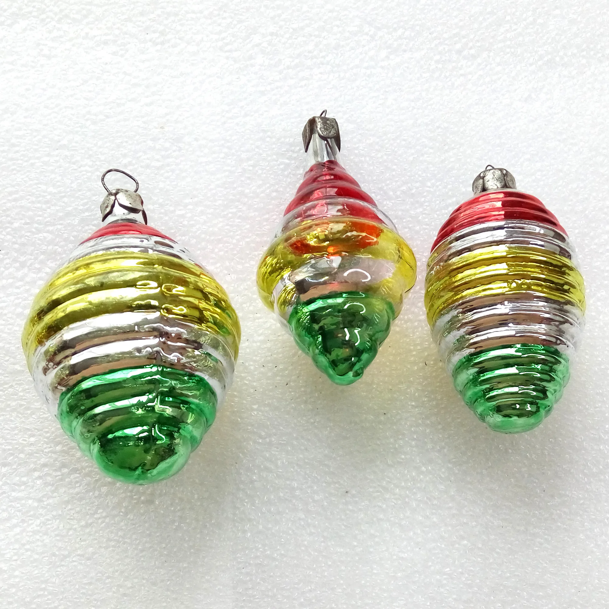 Set of 3 Vintage Silver Glass Christmas Ornaments Cones