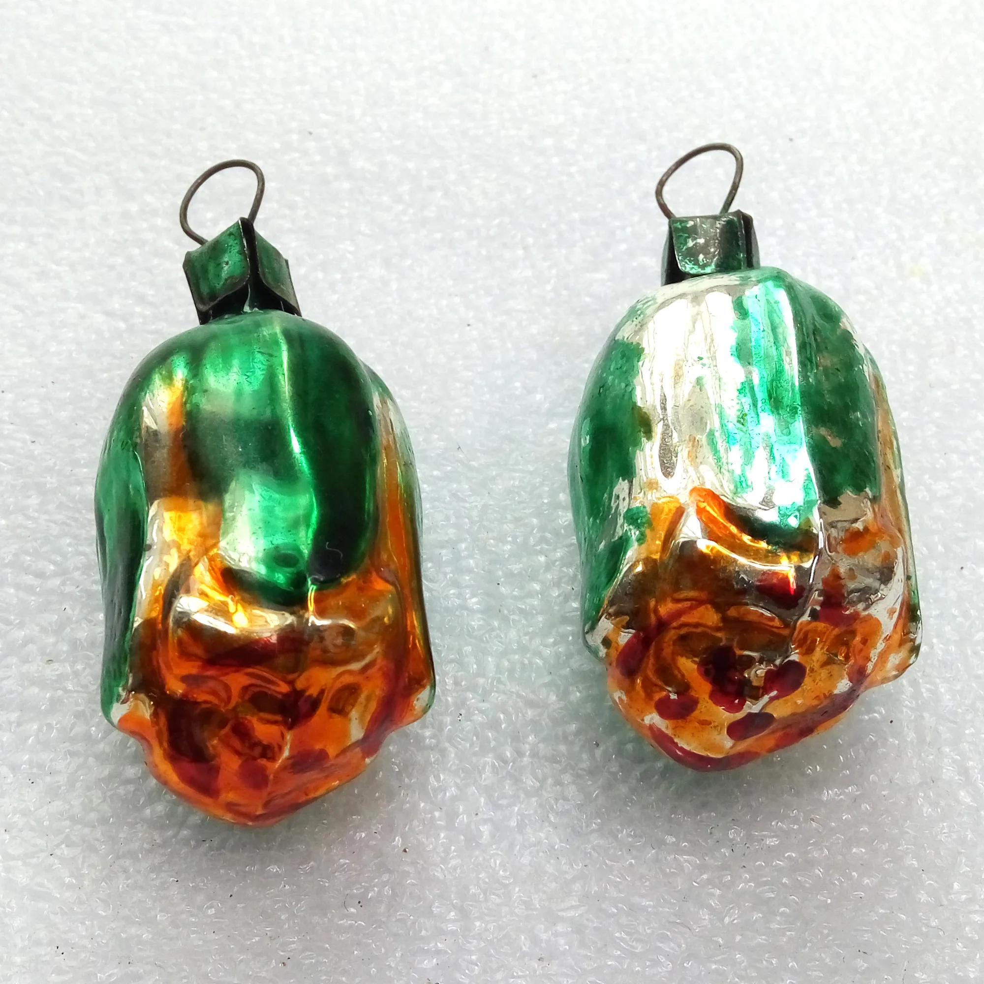 Set of 2 Vintage Ukrainian Glass Christmas Ornament Flowers