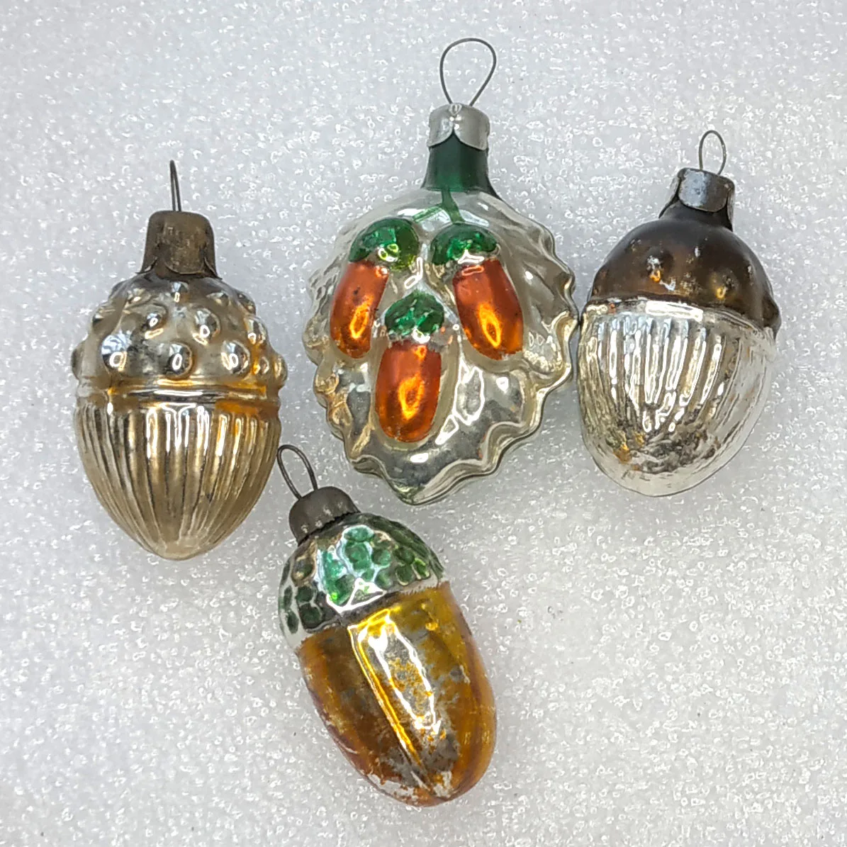 Set of 4 Antique Vintage Silver Glass USSR Christmas Ornaments Acorns