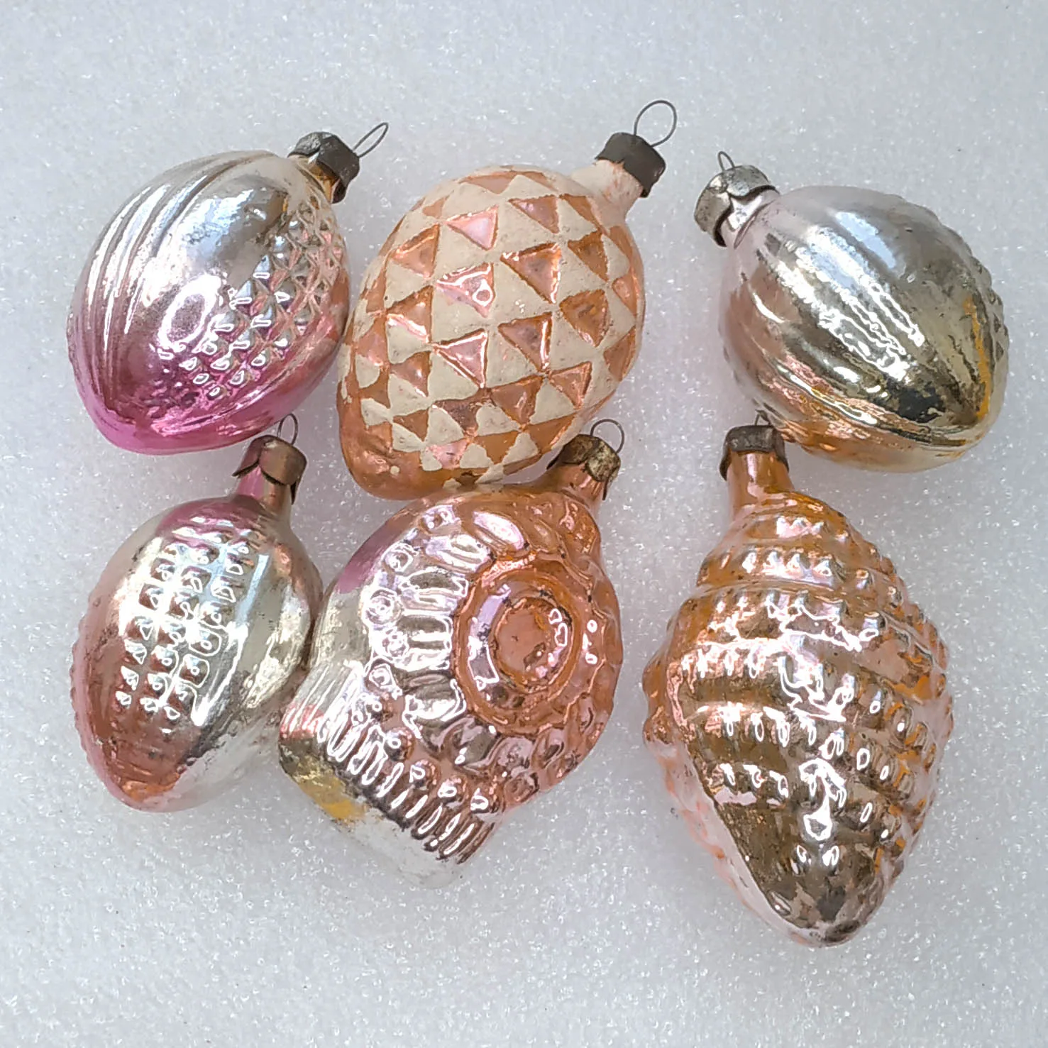 Set of 6 Antique Vintage Silver Glass Christmas Ornaments