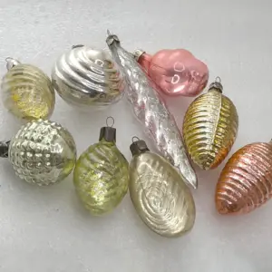 Set of 9 Vintage Silver Glass Christmas Ornament Tree Antique USSR 1970s Decor