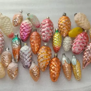 Set of 26 Antique Vintage Silver Glass Christmas Ornament Tree USSR Decor Pinecone