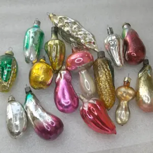 Set of 15 Antique Vintage Silver Glass Christmas Ornaments USSR Decor Vegetables