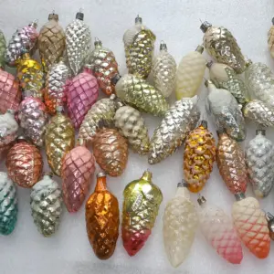 Set of 48 Vintage Silver Glass Christmas Ornament Tree USSR 1970s Decor Pinecones
