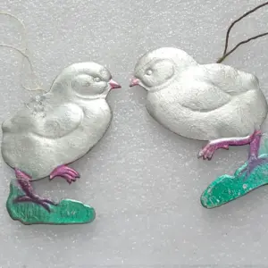 Set of 2 Vintage Christmas Cardboard Tree Ornaments Antique Soviet Decor Chickens