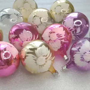 Set of 12 Vintage Silver Glass Christmas Ornaments USSR Tree Antique Decor Balls