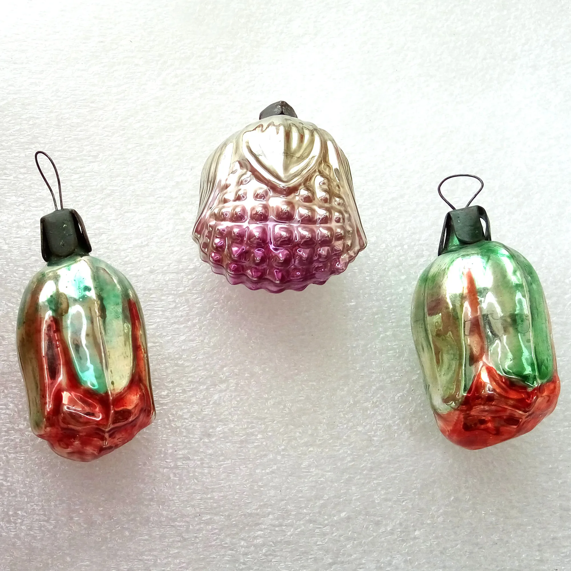 Set of 3 Vintage Ukrainian Glass Christmas Ornaments Flowers