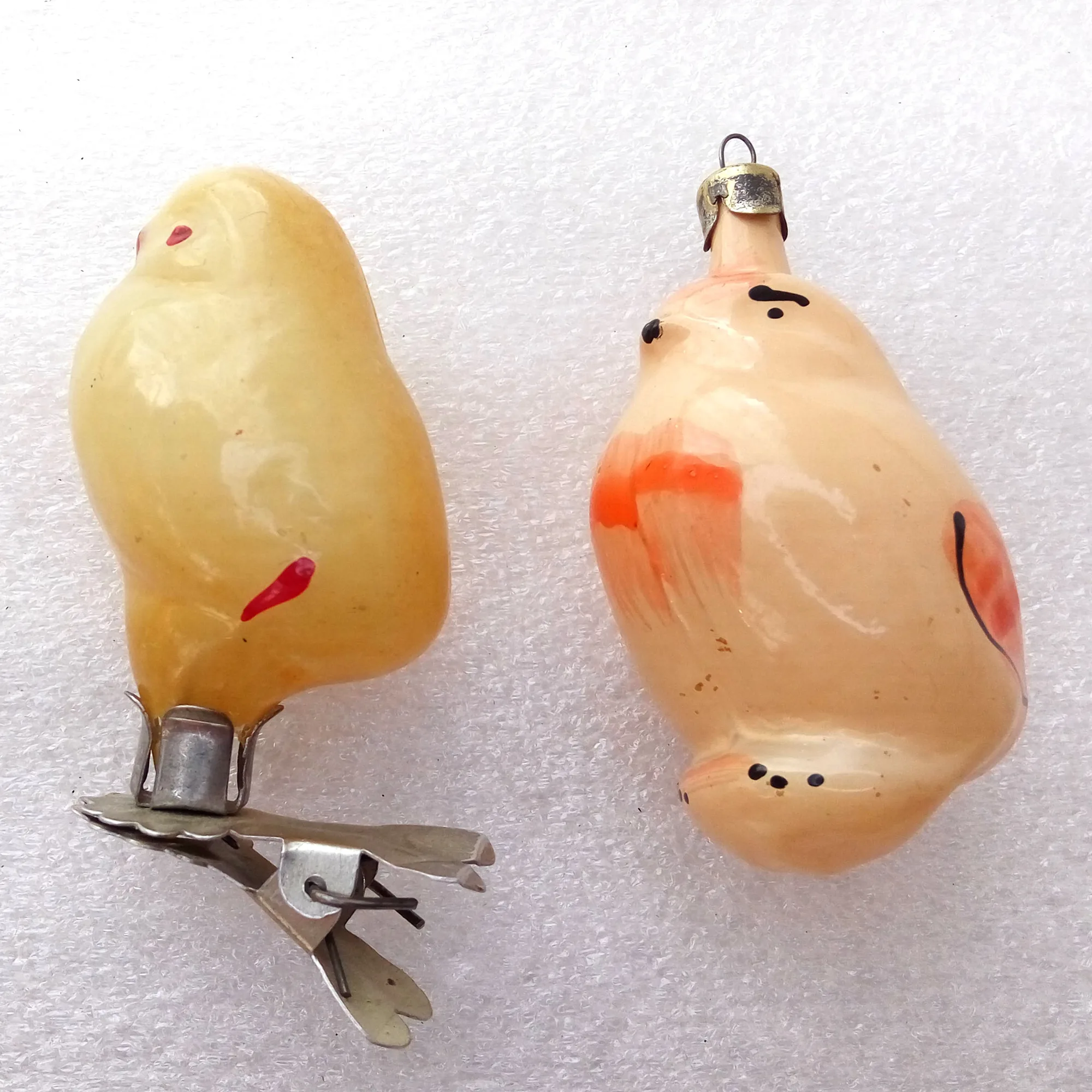 Set of 2 Vintage Ukrainian Glass Christmas Ornament Chickens