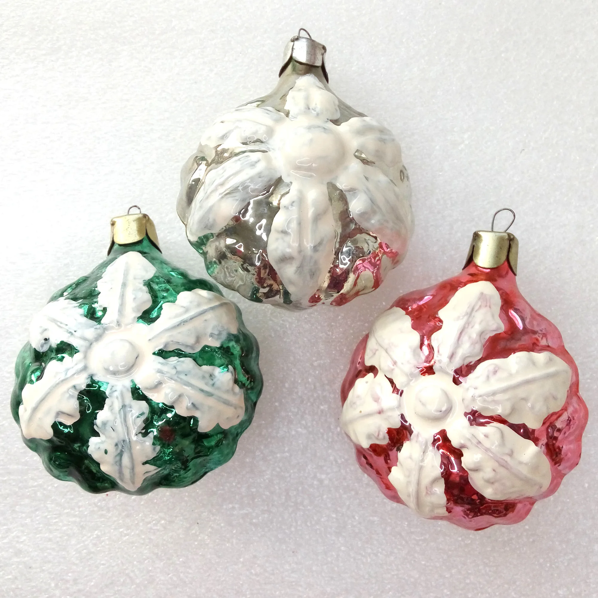 Set of 3 Vintage Ukrainian Glass Christmas Ornament Snowflakes
