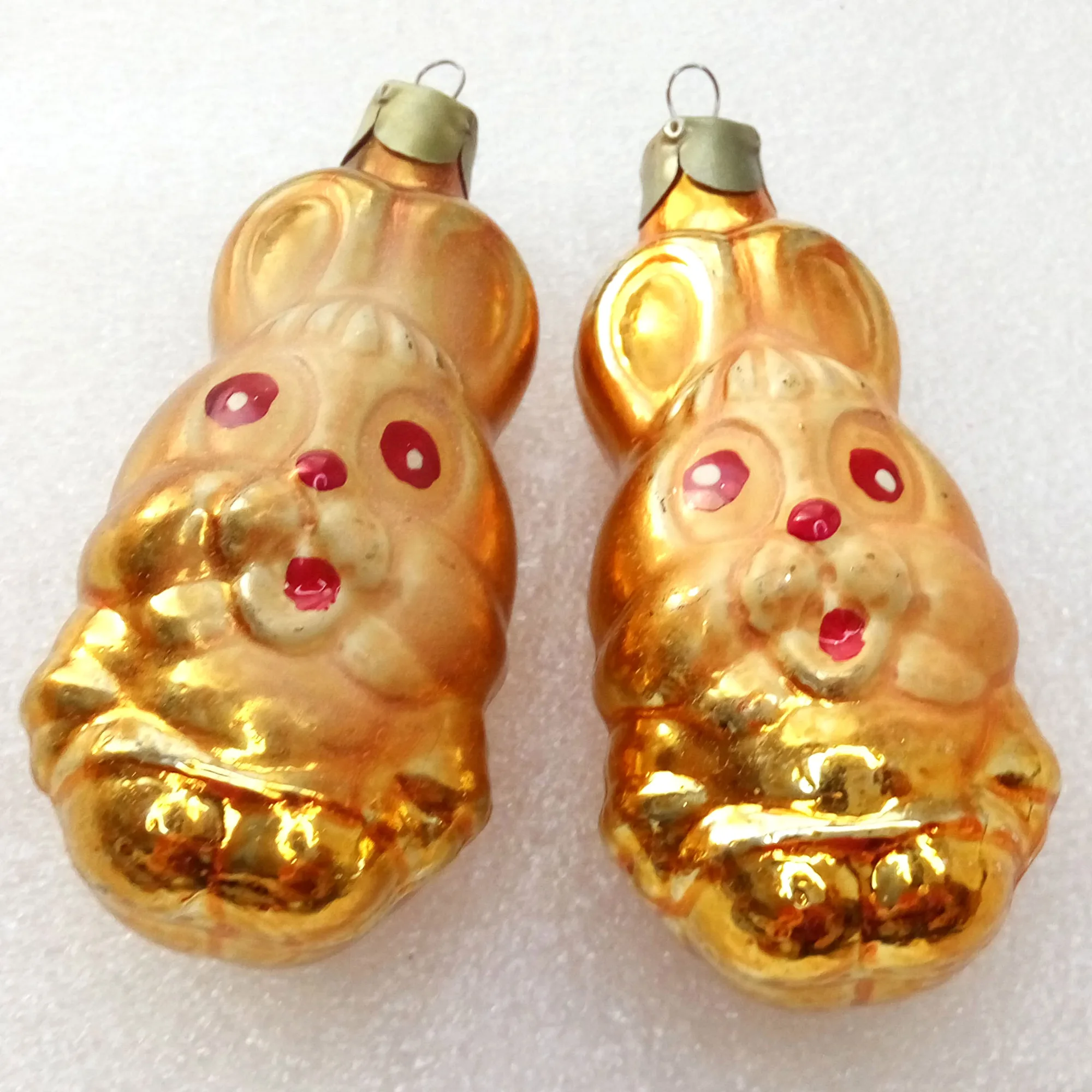 Set of 2 Vintage Ukrainian Glass Christmas Ornaments Rabbits