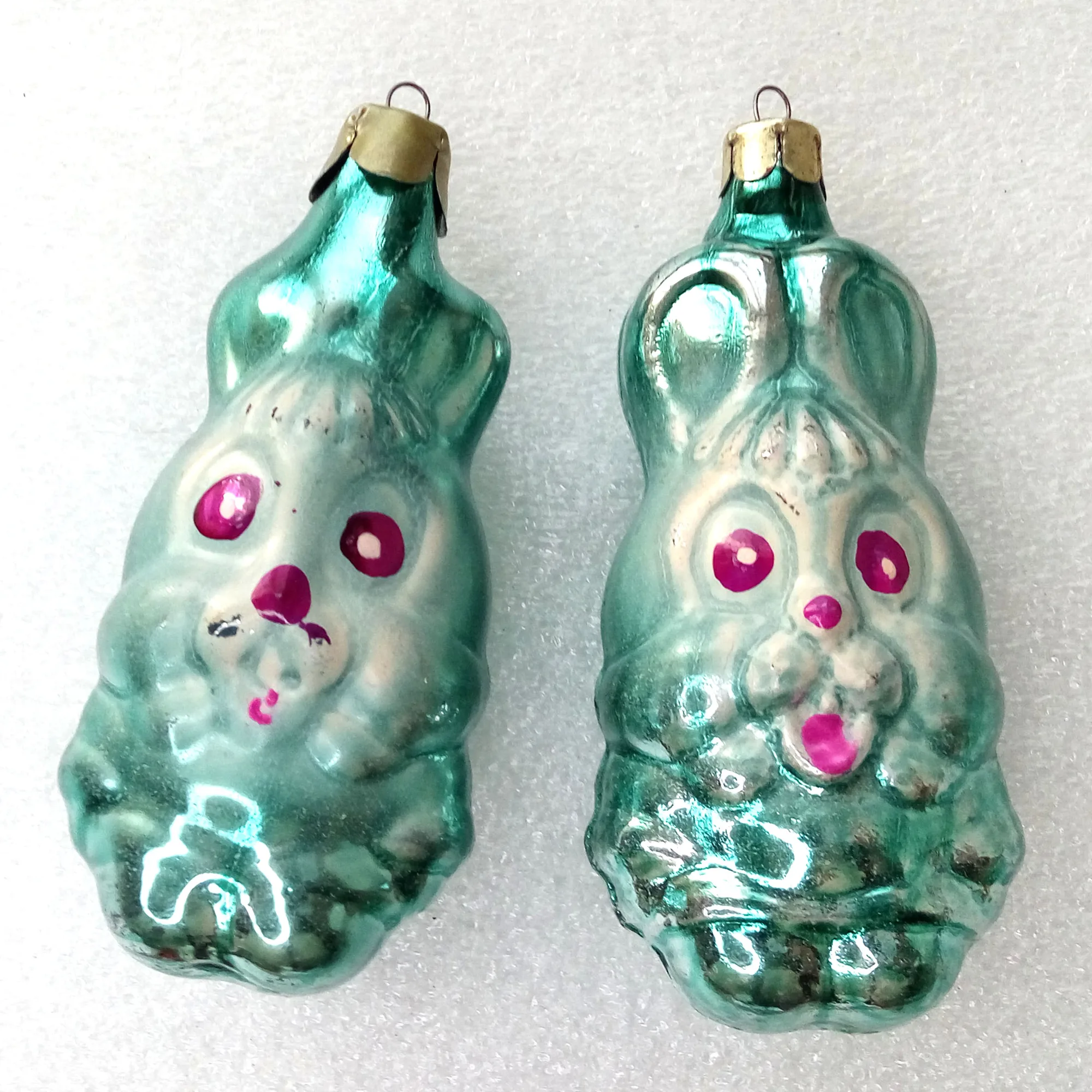 Set of 2 Vintage Ukrainian Glass Christmas Ornaments Rabbits