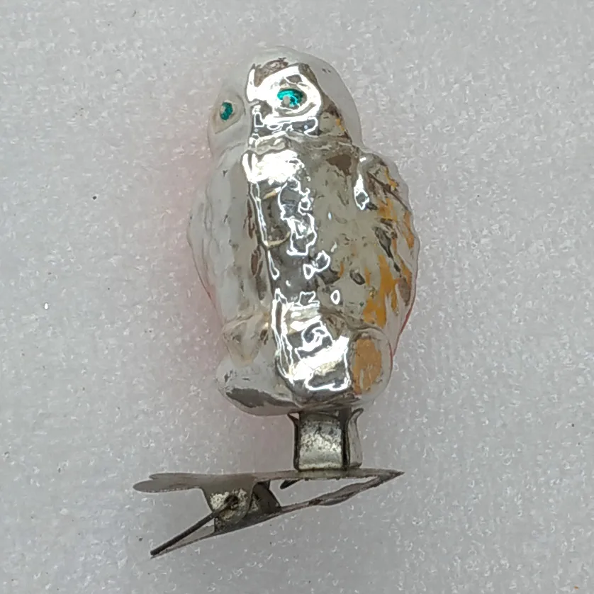 Antique Vintage USSR Silver Glass Christmas Ornament Owl