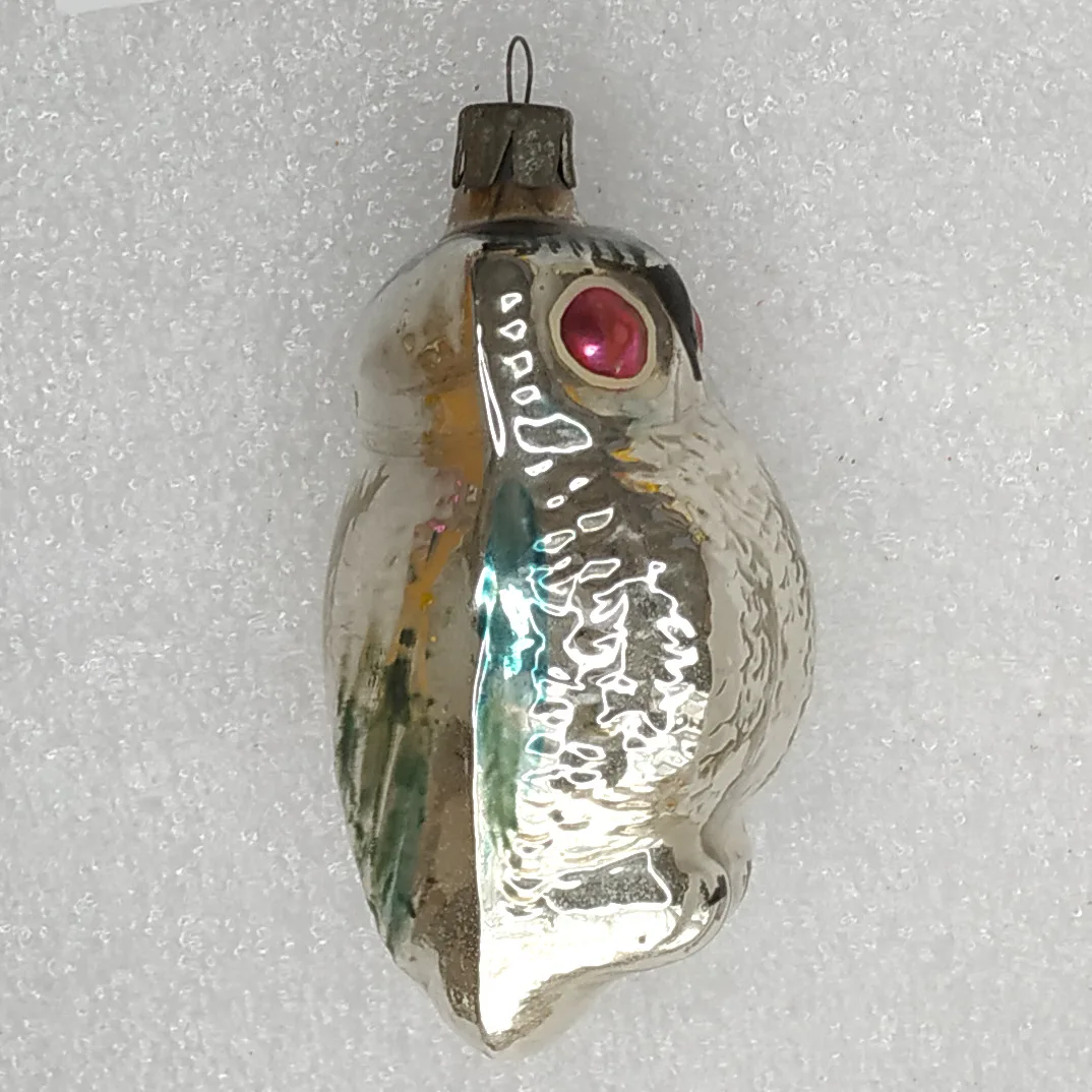 Antique Vintage USSR Silver Glass Christmas Ornament Owl