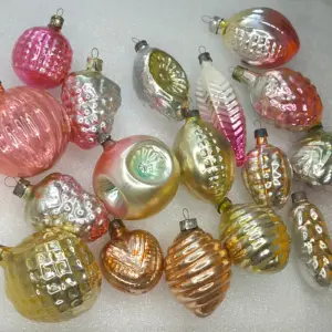 Set of 17 Antique Vintage USSR Silver Glass Christmas Ornaments