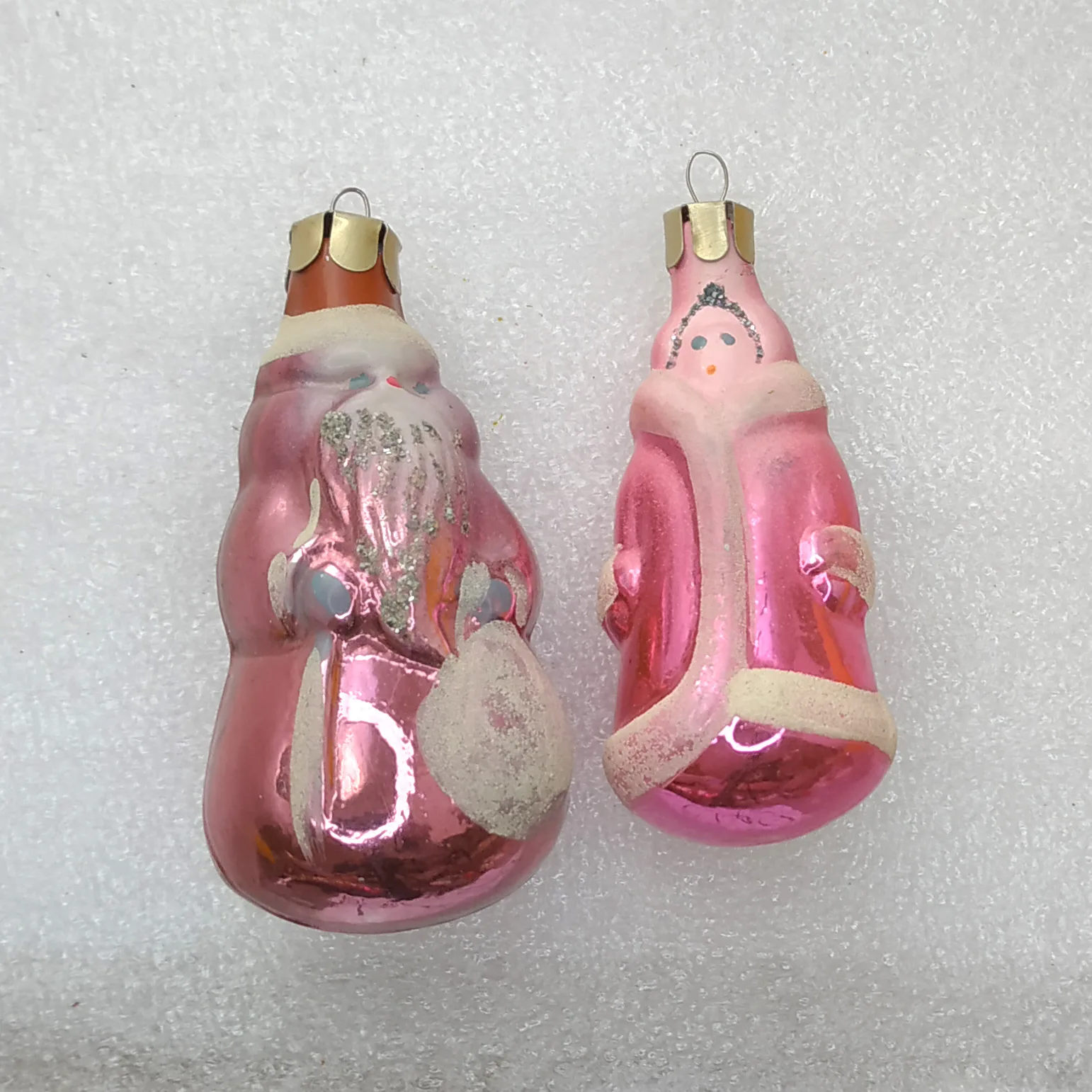 Set of 2 Antique Vintage USSR Glass Christmas Ornaments Santa & Snowmaiden