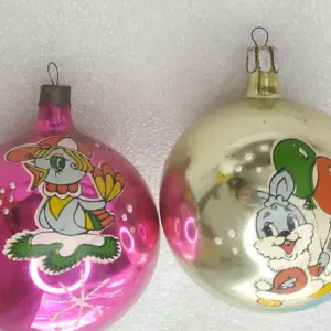 Set of 2 Vintage Ukrainian Glass Christmas Ornament Balls