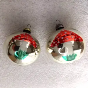 Set of 2 Antique Unique Vintage Glass Christmas Ornament Ball Mushrooms
