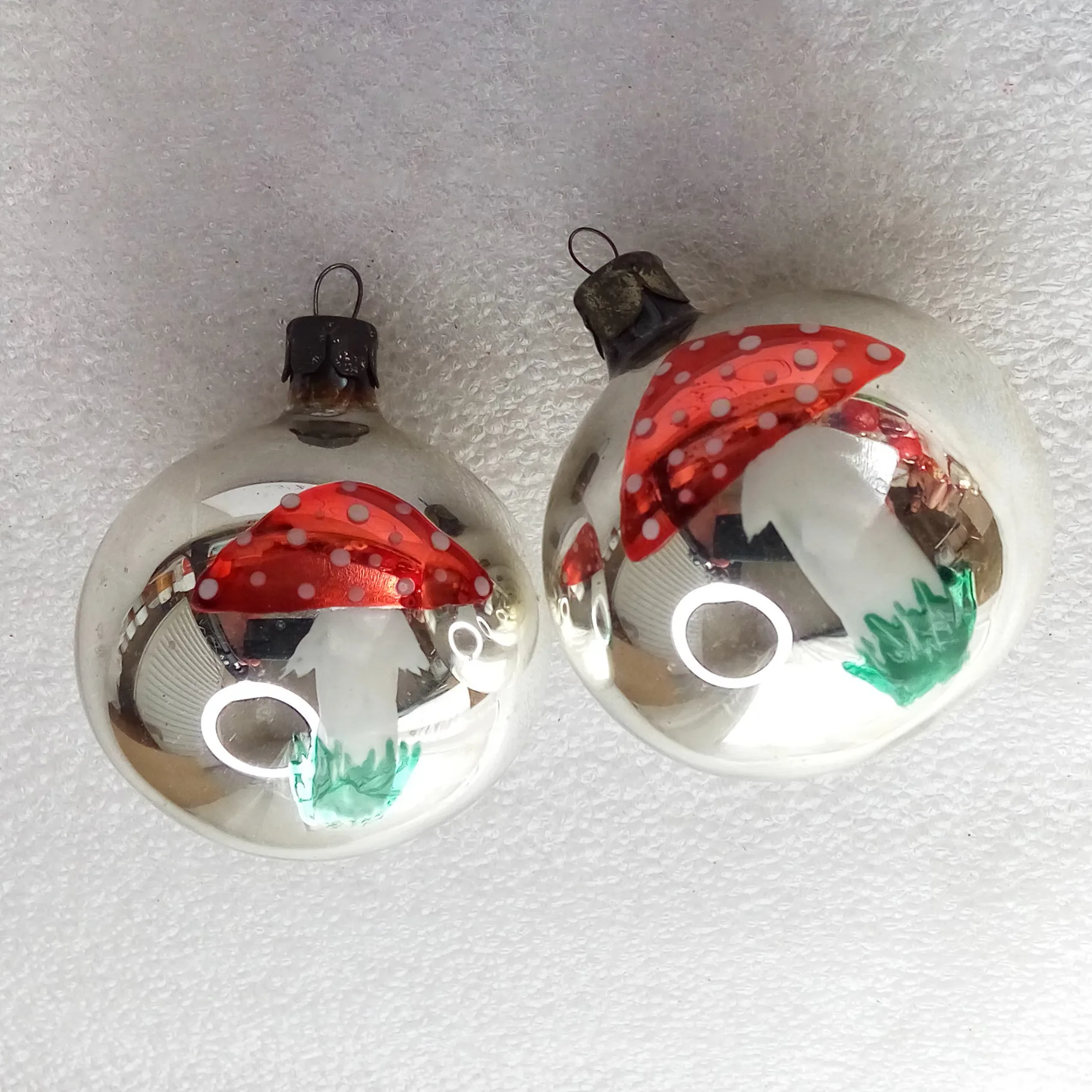 Set of 2 Antique Unique Vintage Glass Christmas Ornament Ball Mushrooms