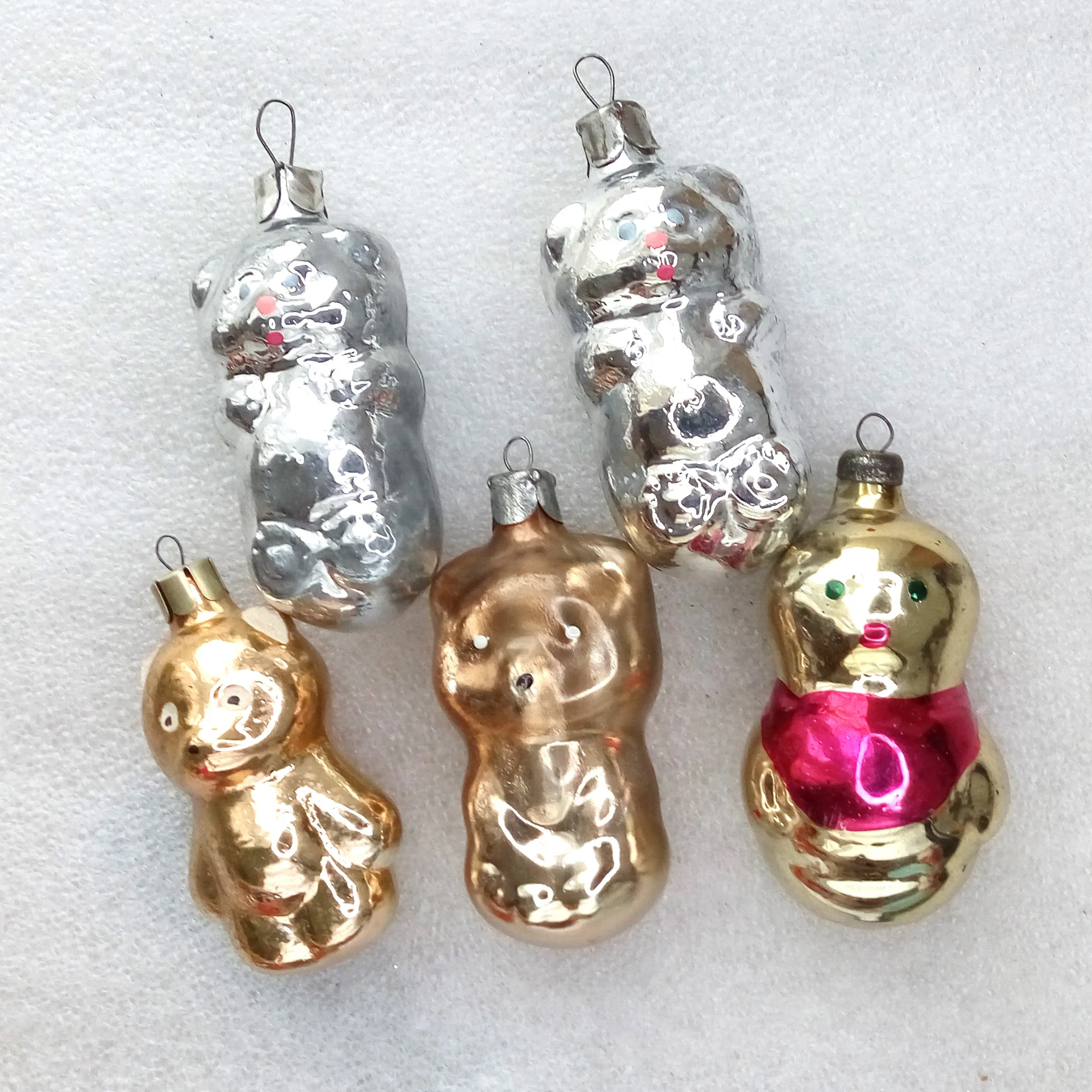 Set of 5 Antique Vintage Glass Christmas Ornaments Bears