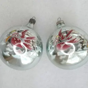 Set of 2 Antique Russian Vintage Glass Christmas Ornaments Balls Bird