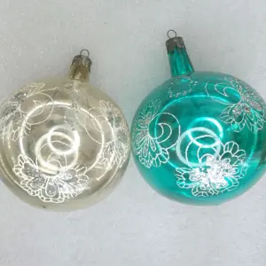 Set of 2 Antique Russian Vintage Glass Christmas Ornaments Balls