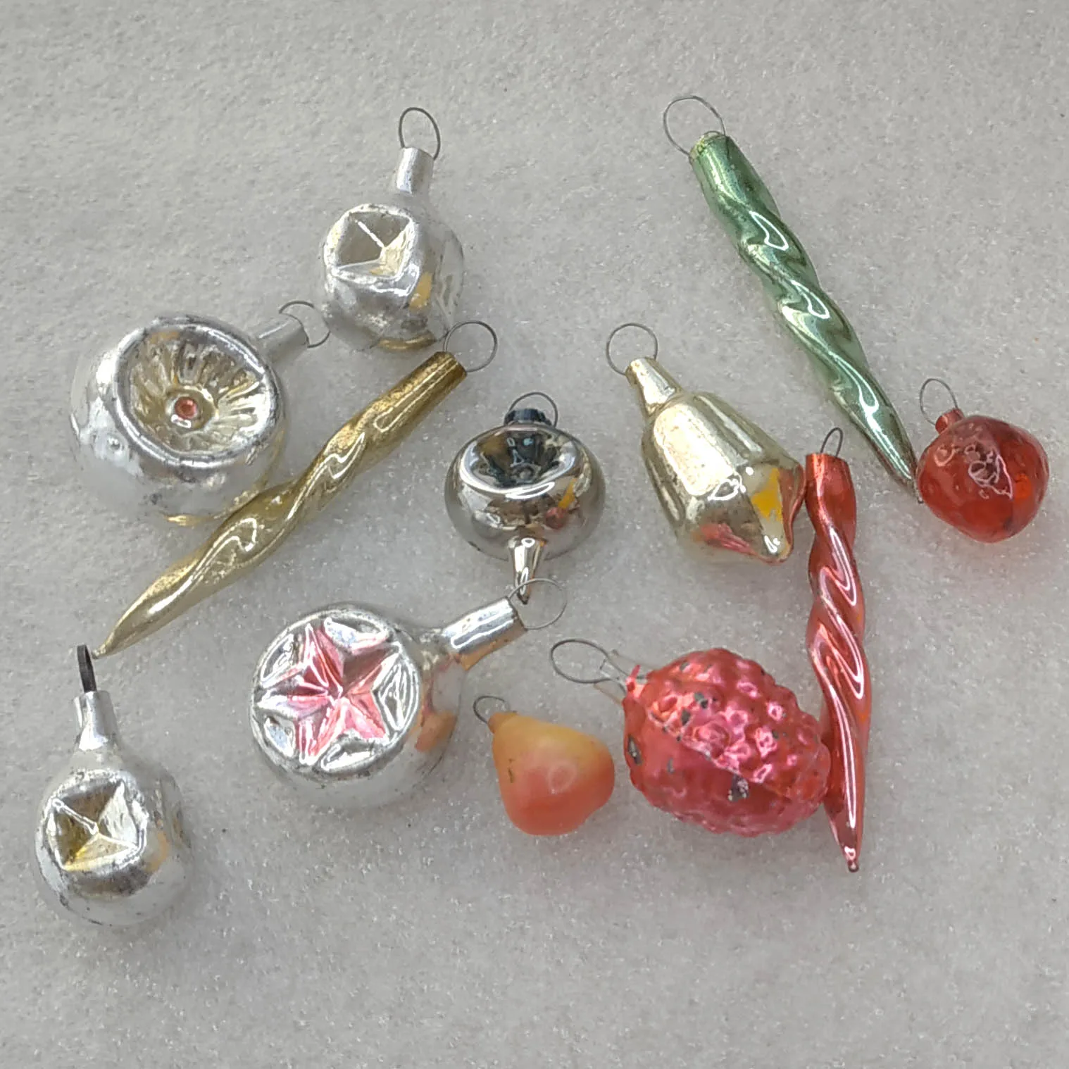 Set of 12 Antique Vintage Silver Glass Christmas USSR Ornament Decor for small Tree