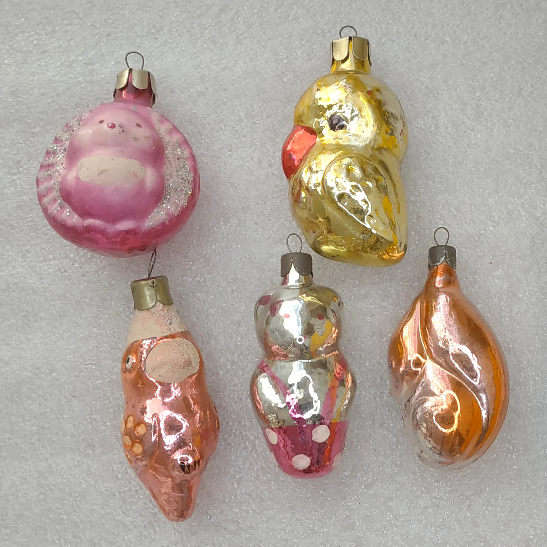 Set of 6 Antique Vintage Silver Glass Christmas Ornaments USSR Animals