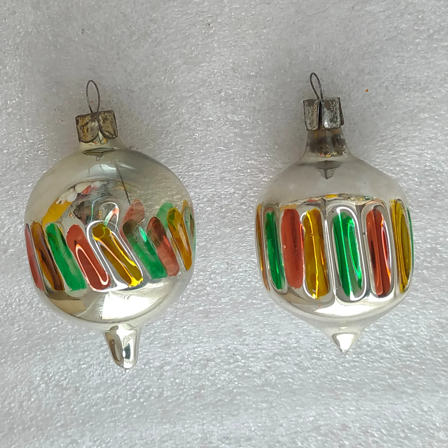 Set of 2 Vintage Glass Flower Bud Ornaments Bright Multi-Color Stripes Silver Finish