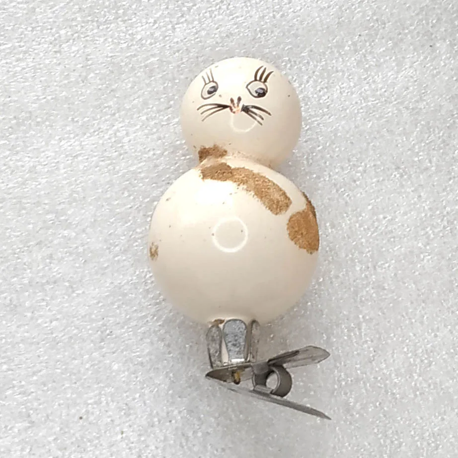 Vintage Glass Christmas Ornament Cat Figurine on Clip USSR Antique 1960s
